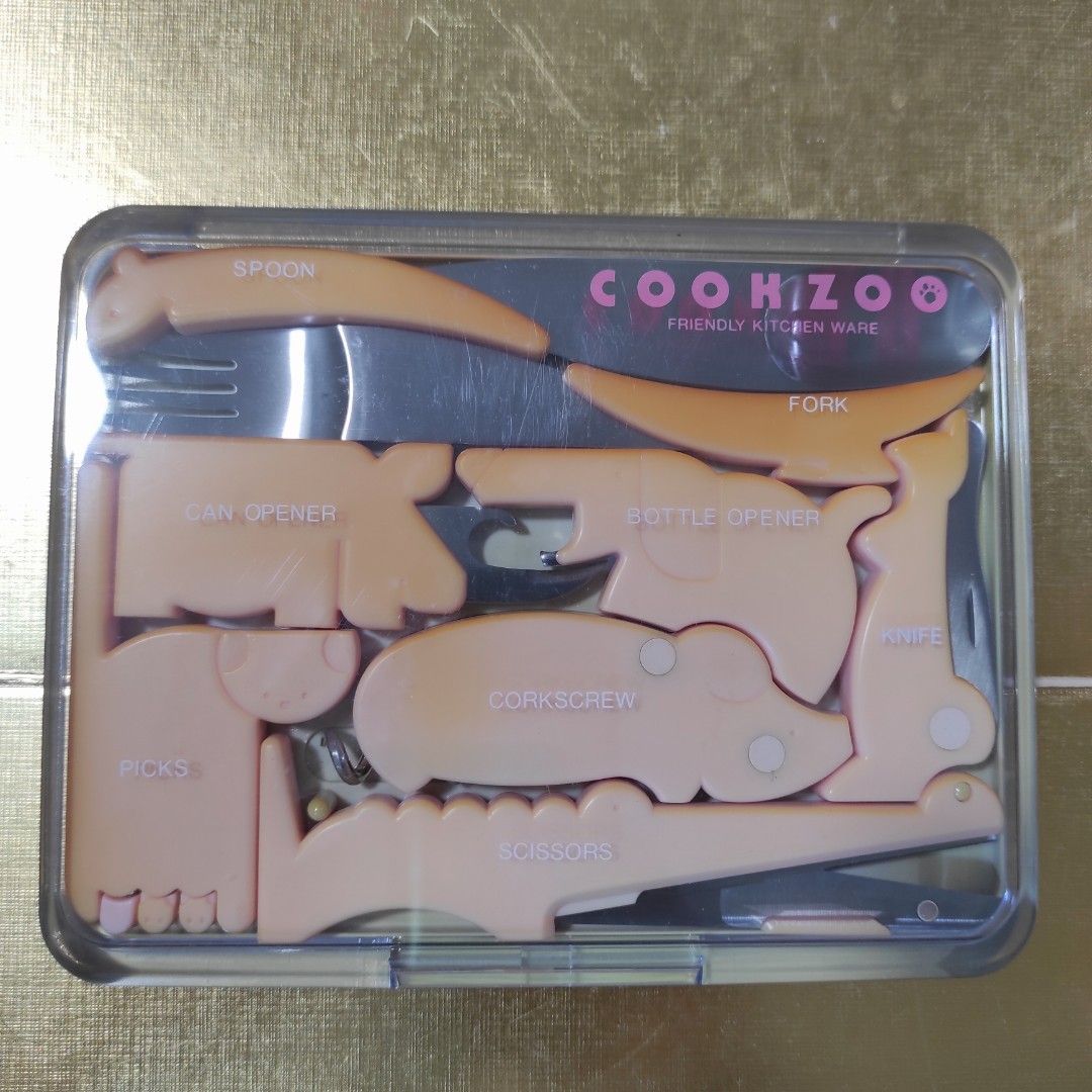 SANRIO Cookzoo Friendly Kitchen Ware Set (Category: Other Kitchenware & Tableware) located in Cainta. Submitted by fukunekojapansurplus (Listing ID 1423375692, Image 1). Description: 330 pesos looks unused *discoloration due to storage Made in Japan Vintage Cookzoo Friendly Kitchen Ware set. This set includes various utensils such as a knife, fork, spoon, bottle opener, corkscrew, scissors, and more. The set is made in Japan and comes in a clear 