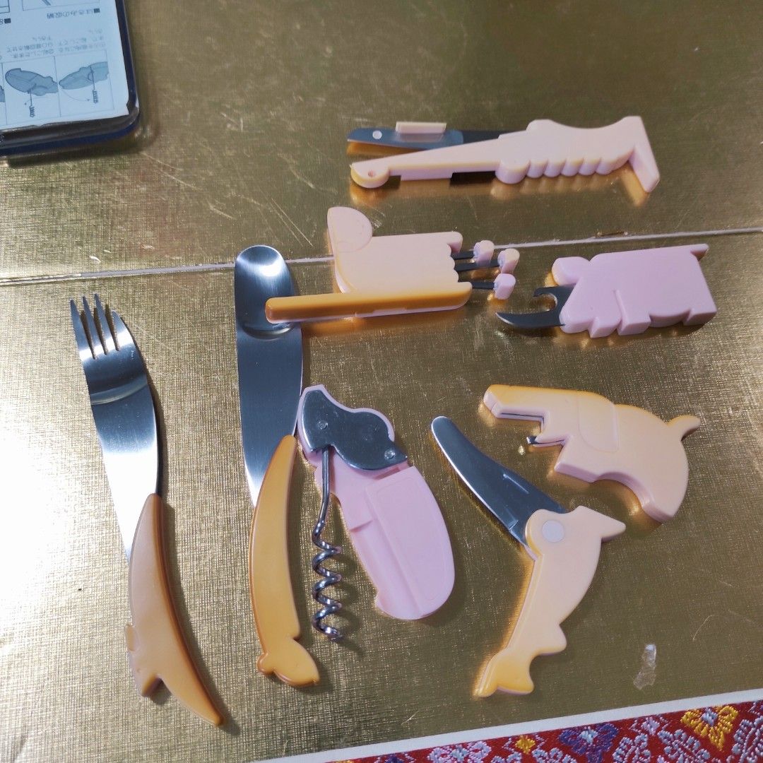SANRIO Cookzoo Friendly Kitchen Ware Set (Category: Other Kitchenware & Tableware) located in Cainta. Submitted by fukunekojapansurplus (Listing ID 1423375692, Image 2). Description: 330 pesos looks unused *discoloration due to storage Made in Japan Vintage Cookzoo Friendly Kitchen Ware set. This set includes various utensils such as a knife, fork, spoon, bottle opener, corkscrew, scissors, and more. The set is made in Japan and comes in a clear 