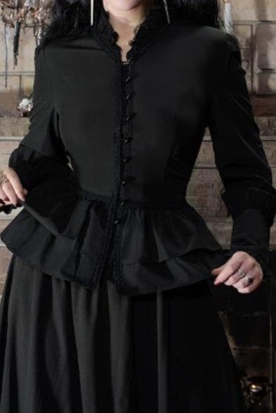 Scarlet Darkness Black Gothic Corset Blouse (Category: Blouses) located in Tuguegarao City. Submitted by rewear_files (Listing ID 1423304003, Image 3). Description: Size: S-M Seller's Fave! 🥀🤍 - Scarlet Darkness black gothic blouse - High ruffled collar - Button-down front - Peplum waist - Buttoned cuffs - Corset-style lace-up back - Slightly textured fabric MOP: Gcash Location: Tuguegarao City, Cagayan Please don't hesitate to ask or drop a me
