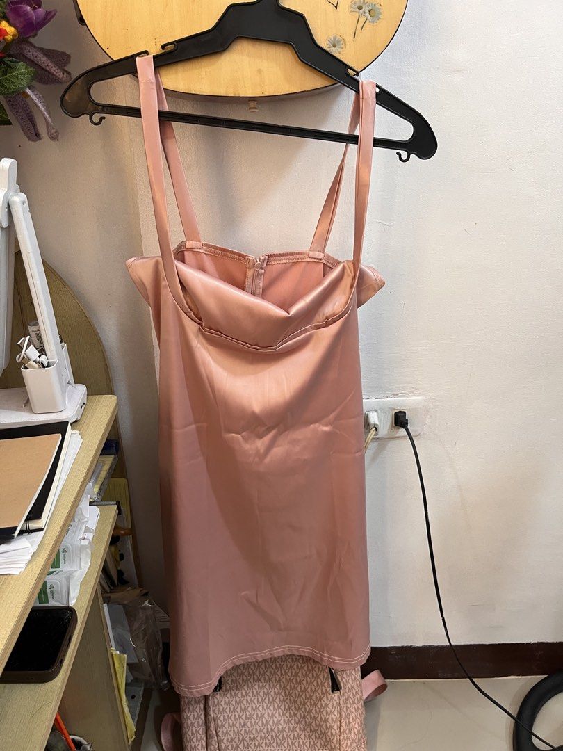 SHEIN Pink Satin Mini Dress (Category: Dresses) located in Pasig City. Submitted by erin_declutters (Listing ID 1423272019, Image 2). Description: BRAND NEW! SINUKAT LANG - Pink satin mini dress - Square neckline - Spaghetti straps - Fitted bodice - Slightly flared skirt - Ideal for special occasions.