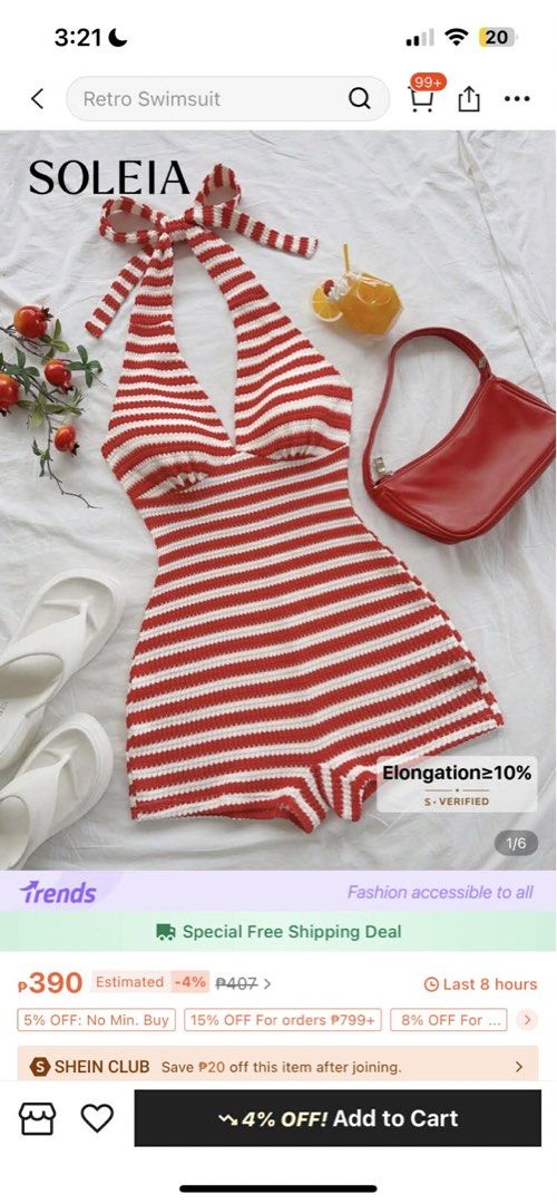 SHEIN Retro Striped Halter Jumpsuit / Romper (Category: Rompers) located in San Fernando. Submitted by joymnm (Listing ID 1423286764, Image 3). Description: Retro romper features a red and white striped pattern. It has a halter neck design with a bow detail. Small on Tag (Never been used) Perfect for beach trips!.