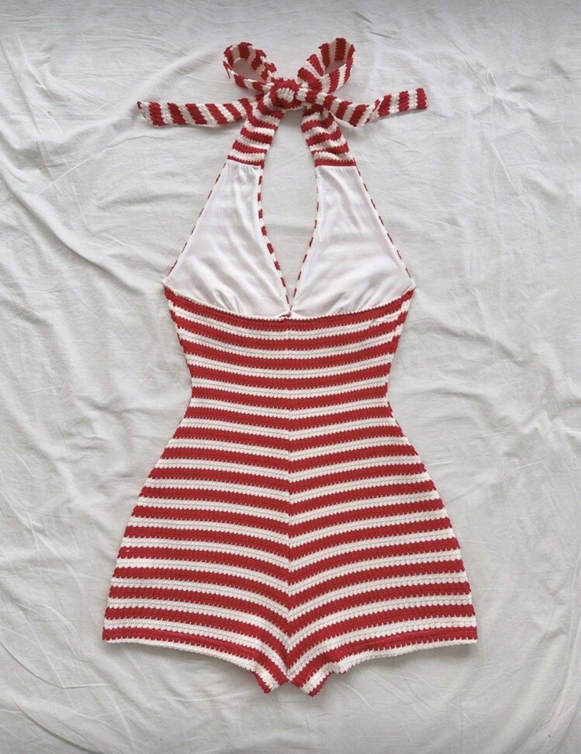 SHEIN Retro Striped Halter Jumpsuit / Romper (Category: Rompers) located in San Fernando. Submitted by joymnm (Listing ID 1423286764, Image 2). Description: Retro romper features a red and white striped pattern. It has a halter neck design with a bow detail. Small on Tag (Never been used) Perfect for beach trips!.