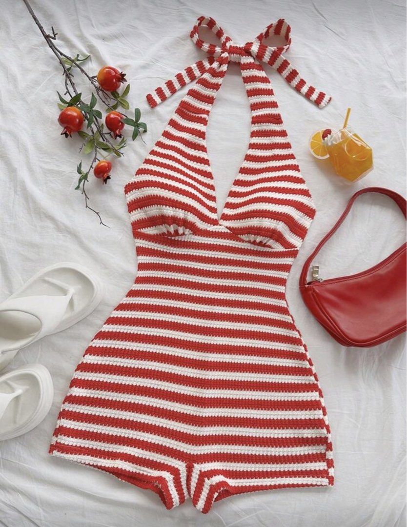 SHEIN Retro Striped Halter Jumpsuit / Romper (Category: Rompers) located in San Fernando. Submitted by joymnm (Listing ID 1423286764, Image 1). Description: Retro romper features a red and white striped pattern. It has a halter neck design with a bow detail. Small on Tag (Never been used) Perfect for beach trips!.