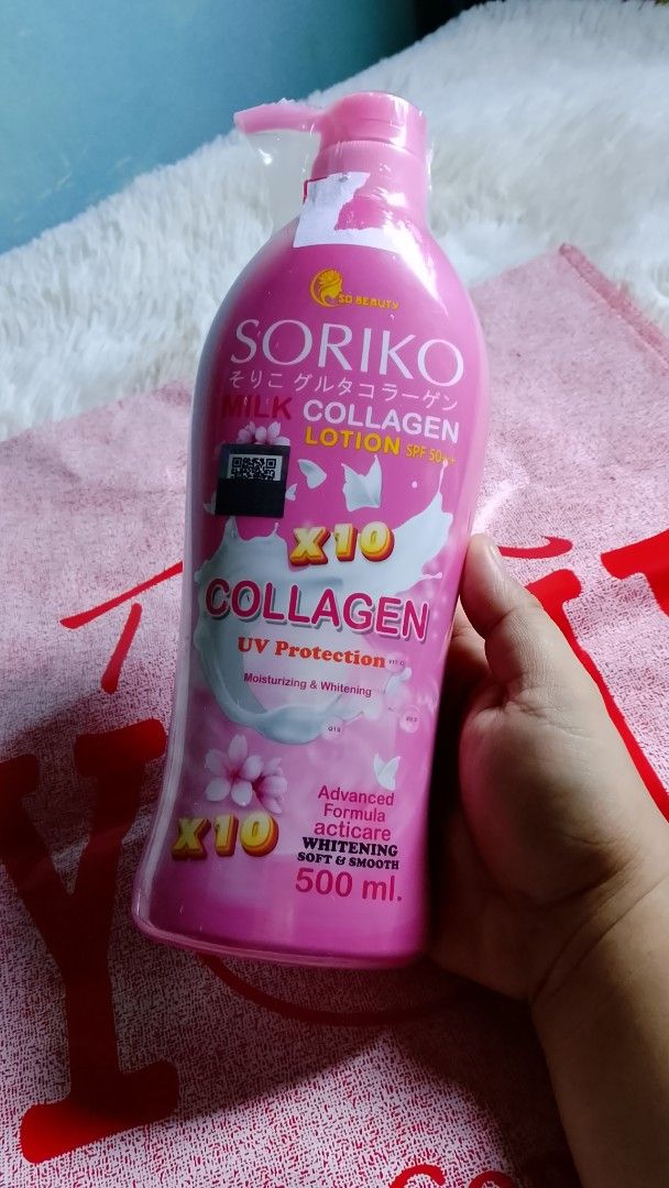 Soriko Milk Collagen Lotion 500ml (Category: Health Food, Drinks & Tonics) located in Las Pinas. Submitted by jcualquera (Listing ID 1423405667, Image 1). Description: Soriko Milk Collagen Lotion with UV Protection. Contains 500ml. Also available is Soriko Glutathione Whitening Lotion, also 500ml. Both lotions are designed for moisturizing and whitening. The Glutathione variant is for brightening and glow. it's 💯 legit soriko lotion made in thai