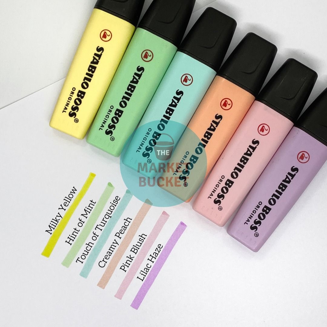 Stabilo Boss Pastel Highlighter (Category: Makeup) located in Manila. Submitted by marketbucket (Listing ID 1011643833, Image 2). Description: ✔ Milky Yellow, Hint of Mint, Touch of Turquoise, Creamy Peach, Pink Blush, Lilac Haze, Cloudy Blue, Dash of Lime, Mellow Coral Red, Cherry Blossom Pink, Dusty Grey, Breezy Blue, Frozen Fuchsia, Pale Orange ✔ Original.