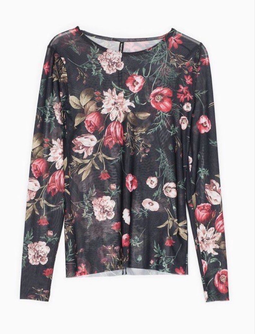 Stradivarius Floral Mesh Top (Category: Blouses) located in Quezon City. Submitted by _dolfin (Listing ID 1423356990, Image 2). Description: Stradivarius floral mesh top. Features a round neckline and long sleeves. Perfect for layering or wearing on its own. Never used, just washed. No flaws..