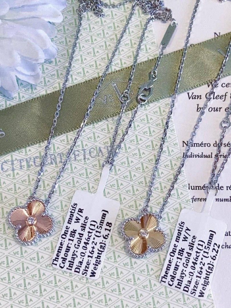 VCA 1Dia Alhambra Necklace 18k Hk Setting (Category: Necklaces) located in Manila. Submitted by primejewelry (Listing ID 1423266829, Image 1). Description: - Authentic Van Cleef & Arpels Alhambra necklace - Clover-shaped pendant with gold inlay and diamond - Chain length: 16+2 inches - Weight: 6.18g or 6.22g - Available in W/R and W/Y color combinations - Perfect for any occasion.