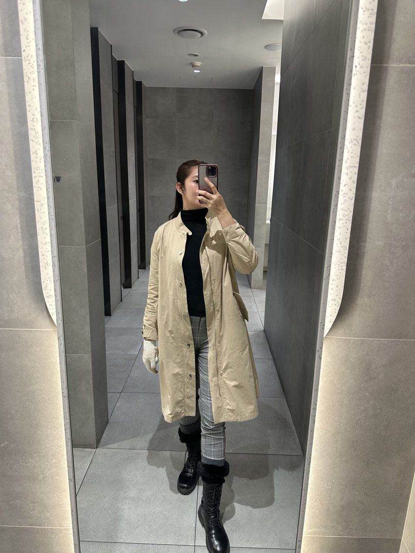Women Beige Long Coat with button up-front knee length winter cold outerware (Category: Coats, Jackets and Outerwear) located in Manila. Submitted by samzzes (Listing ID 1423434838, Image 3). Description: Beige long coat with a button-up front. It has a collarless design and long sleeves. It has a relaxed fit and falls to about knee length. The coat is suitable for layering. Fit to small/mid/L.