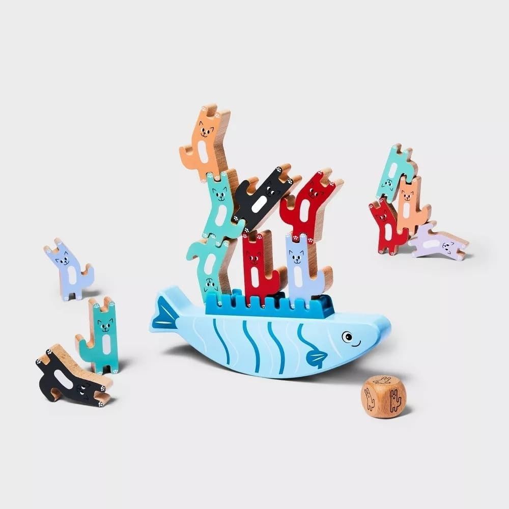 Wooden Balance The Cat Game – 23-Piece Stacking Toy with Fish Base ...