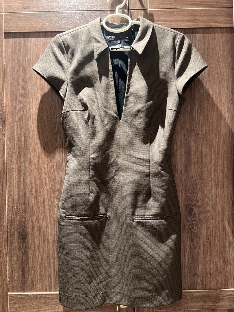 Zara Mini Dress - XS (Category: Dresses) located in Quezon City. Submitted by _dolfin (Listing ID 1423355876, Image 2). Description: - Zara mini dress - Color: Plaid Brown - Size: XS - Minor defects: stitching at the front & leather detail but can be easily fixed .