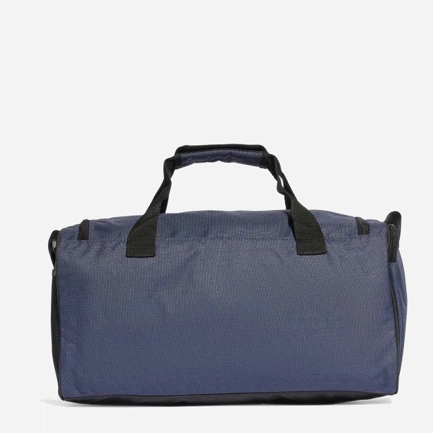 Adidas Linear Duffel Bag S (Category: Sling Bags) located in Calamba. Submitted by copanddrip (Listing ID 1423535128, Image 2). Description: Adidas duffel bag in navy blue with white Adidas logo. Features a main compartment, a side pocket, and a detachable shoulder strap. Includes top handles for carrying. Perfect for gym, travel, or everyday use..