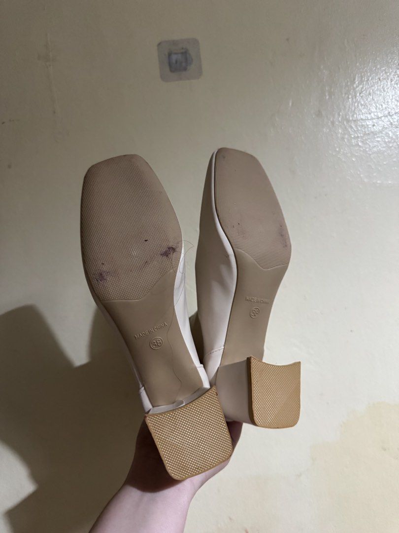 Beige Ankle Boots Size 38 (Category: Boots) located in Manila. Submitted by luisascloset_ (Listing ID 1423498522, Image 2). Description: - Beige ankle boots - Square toe design - Block heel - Back zipper closure - Size 38 - Made in China - Smooth, possibly leather-like upper - Matching beige heels -never used, naiwan ko sa bahay Whahahaha.