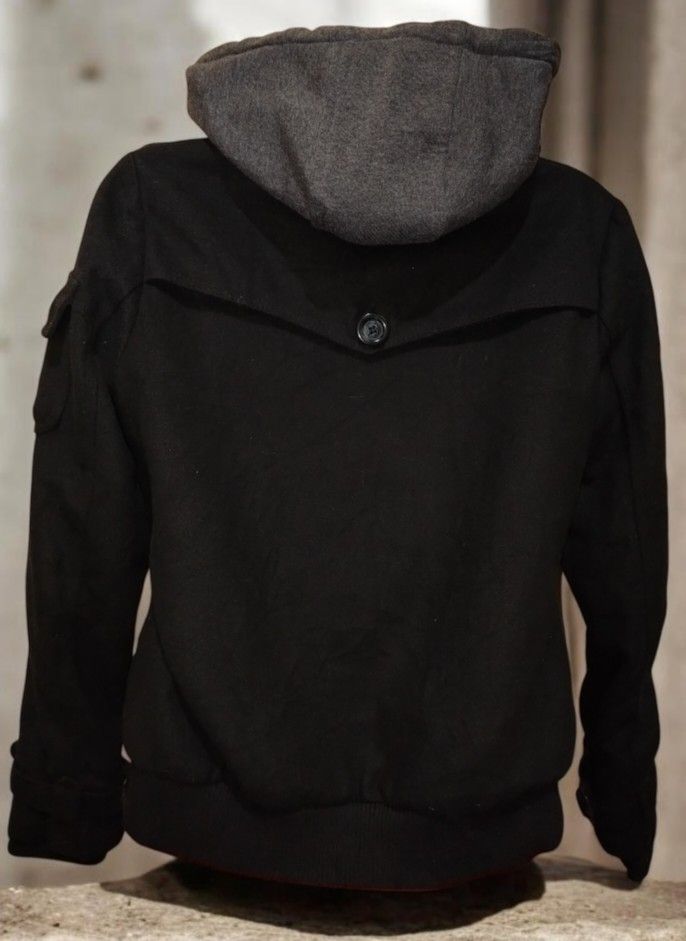 Black Jacket with Hood (Category: Coats, Jackets and Outerwear) located in Manila. Submitted by stuffzz2shop (Listing ID 1423598355, Image 2). Description: - Black jacket with gray hood - Button-up front - Gold zipper pockets - Button details on shoulders and cuffs - Bomber-style bottom - Single button detail on the back - Wool-like material -pocket on left sleeve No when worn photos Please manage your expectations since this is a pre loved item 