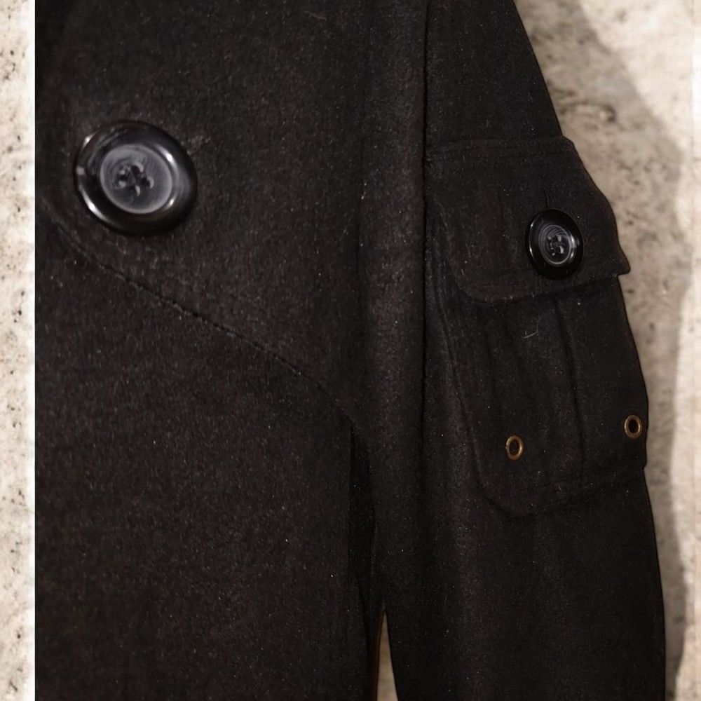 Black Jacket with Hood (Category: Coats, Jackets and Outerwear) located in Manila. Submitted by stuffzz2shop (Listing ID 1423598355, Image 3). Description: - Black jacket with gray hood - Button-up front - Gold zipper pockets - Button details on shoulders and cuffs - Bomber-style bottom - Single button detail on the back - Wool-like material -pocket on left sleeve No when worn photos Please manage your expectations since this is a pre loved item 