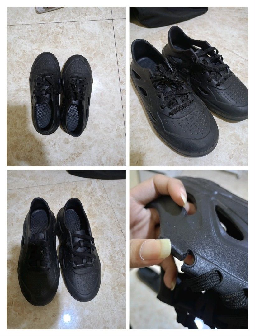 Black Rubber Shoes (Category: Sneakers) located in Carmona. Submitted by mooooond (Listing ID 1423533789, Image 1). Description: - Black rubber shoes - Textured surface - Unique cutout design - Sturdy soles - Comfortable - Easy to clean Issue: Ripped hole (seen in pic) MOP: GCash ONLY ‼️ LALAMOVE ONLY ‼️.