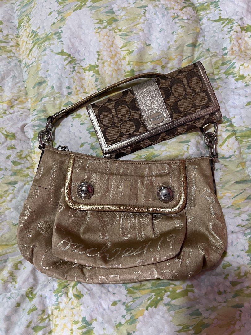Coach Handbag and Wallet Set (Category: Luxury Bags & Wallets) located in Manila. Submitted by tjsells.101 (Listing ID 1423470042, Image 1). Description: - Authentic Coach set (handbag and wallet). - Gold-toned exterior with signature Coach pattern. - Handbag: - Top handle - Front flap pocket - Purple fabric lining - Wallet: - Multiple card slots - Snap closure - Both items feature the Coach logo..