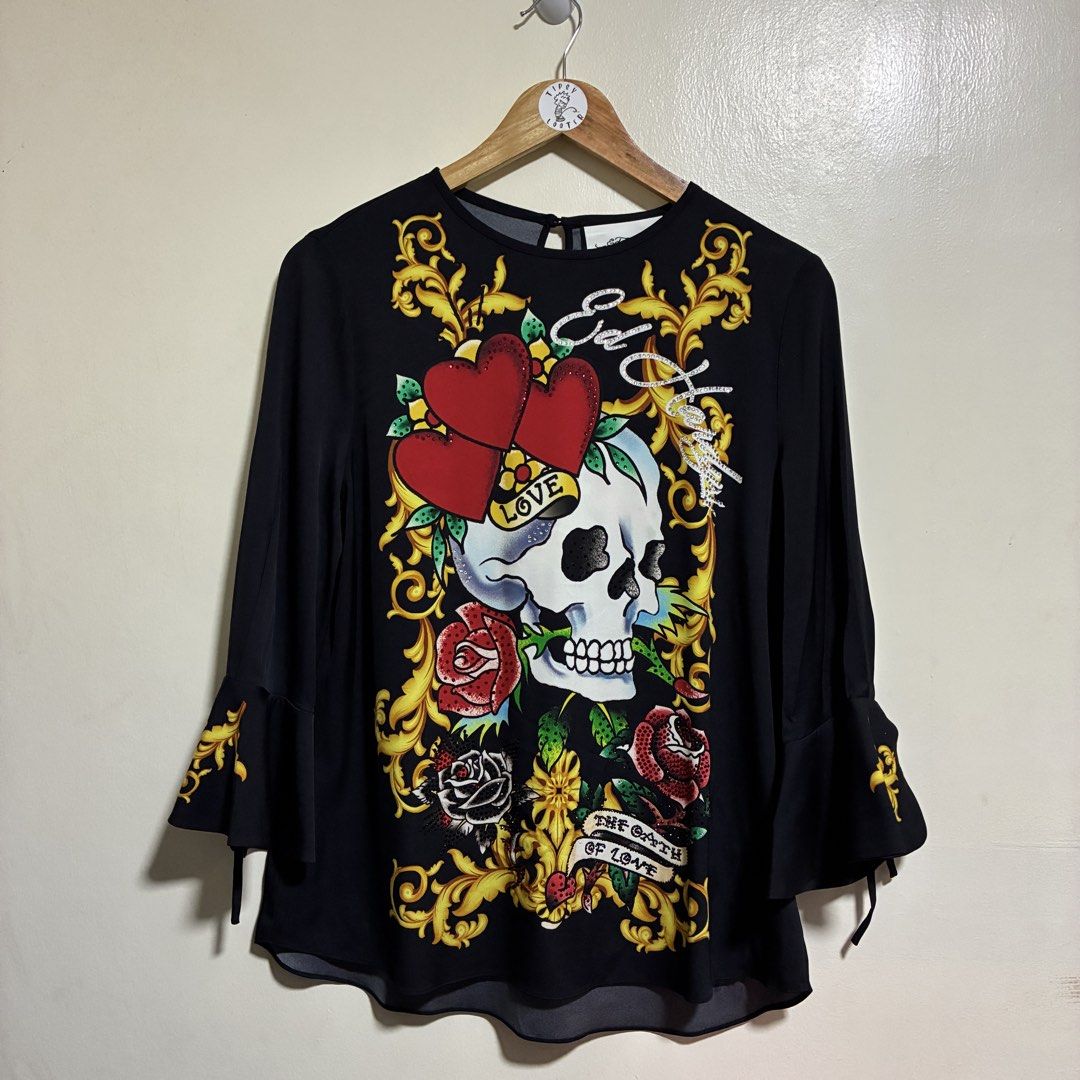 Ed Hardy Skull Print Blouse (Category: Blouses) located in Cabuyao City. Submitted by fffrag (Listing ID 1423556871, Image 1). Description: Width: 19.5" Length: 27" Sleeves: 18.5".