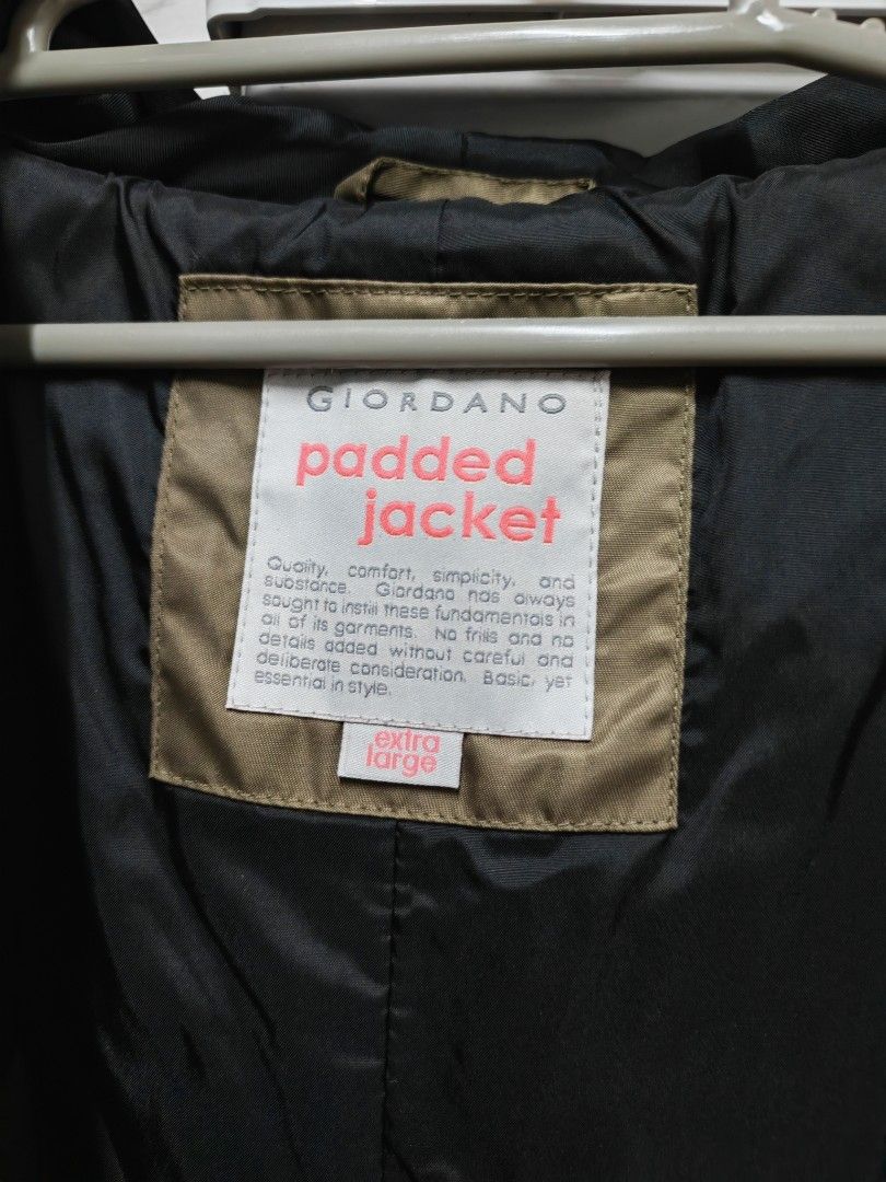 (XL) Giordano Army Green Padded Jacket (Category: Coats, Jackets and Outerwear) located in Pasig City. Submitted by she_declutters_ph (Listing ID 1423503182, Image 3). Description: RFS: Decluttering Issue: Slight discoloration, see last pic. Giordano padded jacket - Extra large size - Features a hood - Quilted design - Neutral color - Zipper closure - Pockets included - Black inner lining.