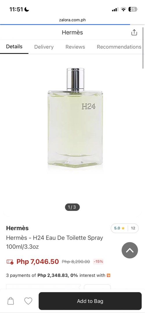 Hermès H24 EDP 100ml (Category: Fragrance & Deodorants) located in Pasig City. Submitted by xtiansa (Listing ID 1423614515, Image 3). Description: - Hermès H24 Eau De Toilette Spray - 100ml / 3.3oz - Original bottle - Silver cap - Clear, rectangular design - Light yellow liquid 50-55 ml juice level Authentic with box .