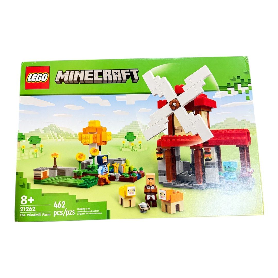 Lego Minecraft The Windmill Farm (Category: Lego & Building Sets) located in Lipa City. Submitted by lifestyled (Listing ID 1423451603, Image 2). Description: LEGO Minecraft The Windmill Farm building set (model 21262). Pieces: 462. Features: A functional, rotatable windmill operated by a knob, a farm area, and a bakehouse. Characters: Includes a Miller figure, a Shepherd figure, a zombie, and two sheep figures. Recommended Age: 8+ years. 💯 Auth