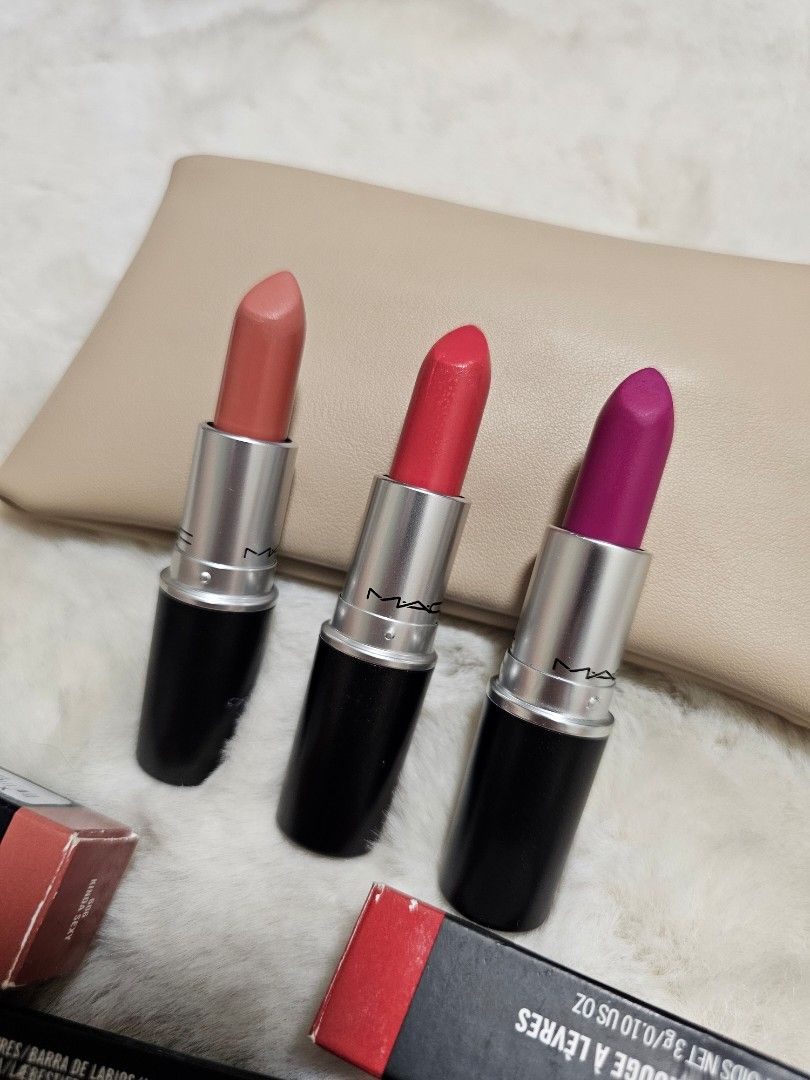 MAC Lipstick (Category: Makeup) located in Manila. Submitted by heartallthingspretty (Listing ID 1423568141, Image 1). Description: M.A.C. 💋 Kinda Sexy ❌️ SOLD See Sheer Flat Out Fabulous ❌️ SOLD 500php each With box - Set of 3 MAC lipsticks - Shades: Flat Out Fabulous (pink), Kinda Sexy (nude), See Sheer (red) - Original packaging - Matte finish.