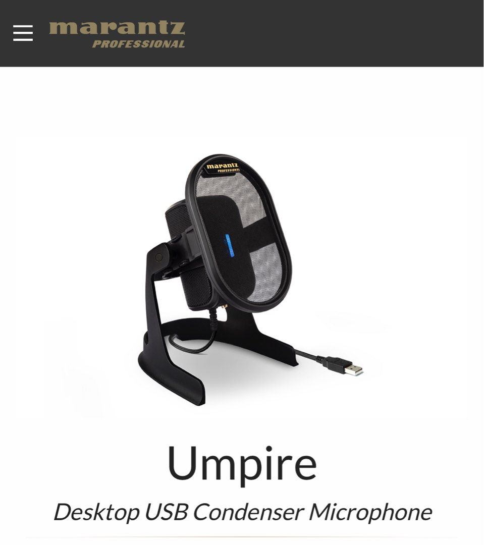 Marantz Umpire Desktop USB Condenser Microphone (Category: Microphones) located in Quezon City. Submitted by bcbiteshop (Listing ID 1423553792, Image 2). Description: Brand new and only stored. Marantz Umpire Desktop USB Condenser Microphone. Perfect for podcasting, gaming, recording.