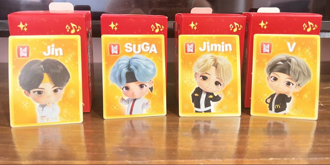 McDonald's BTS Meal Collectible Tiny Tan (Category: Designer & Blind Box Toys) located in Laoag. Submitted by thegreatjunomars (Listing ID 1423454173, Image 1). Description: McDonald’s BTS Meal Collectible Tiny Tan Php 150 each Jin Suga Jimin V.