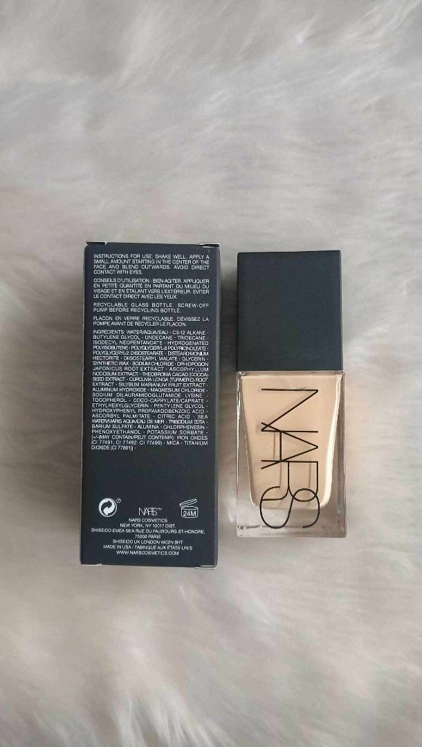 NARS Light Reflecting Foundation (Category: Makeup) located in Manila. Submitted by twinnyzzz27 (Listing ID 1423457735, Image 1). Description: NARS Light Reflecting Foundation. The product is in its original packaging. The foundation is in a clear glass bottle with a black cap. The box contains product information..
