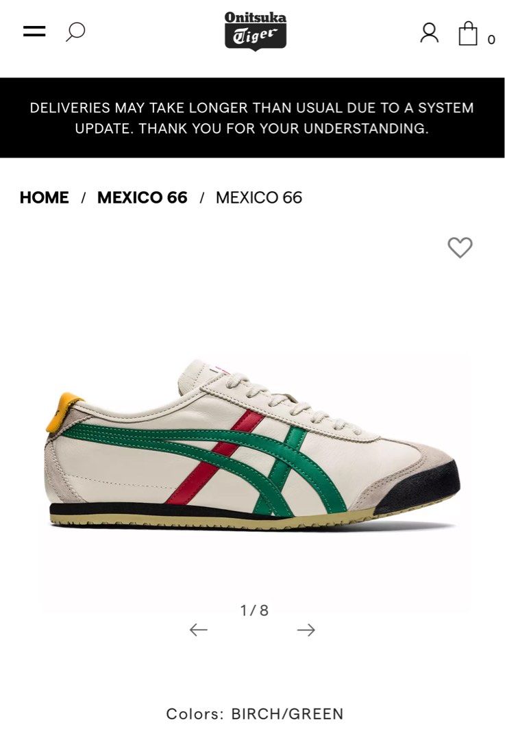 Onitsuka Tiger Mexico 66 Birch/Green (Category: Sneakers) located in Binan City. Submitted by ochellalalala (Listing ID 1423443255, Image 1). Description: - Onitsuka Tiger Mexico 66 - Colorway: Birch/Green - Iconic green and red stripes - Cream-colored upper - Black sole - Yellow heel tab - Stylish and classic design Size: 25.5 cm Bought in Onitsuka Taiwan.