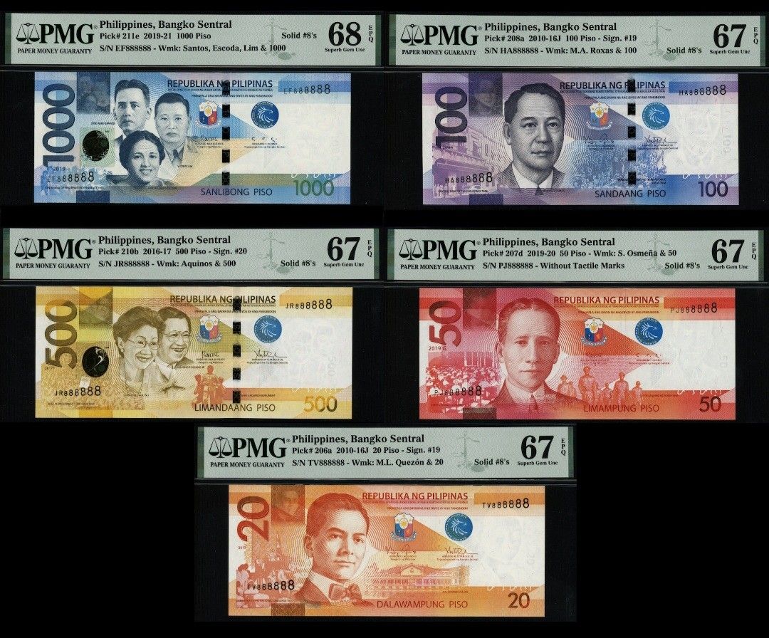 Philippine Banknotes solid 8 PMG EPQ unc uncirculated 20 50 100 500 ...