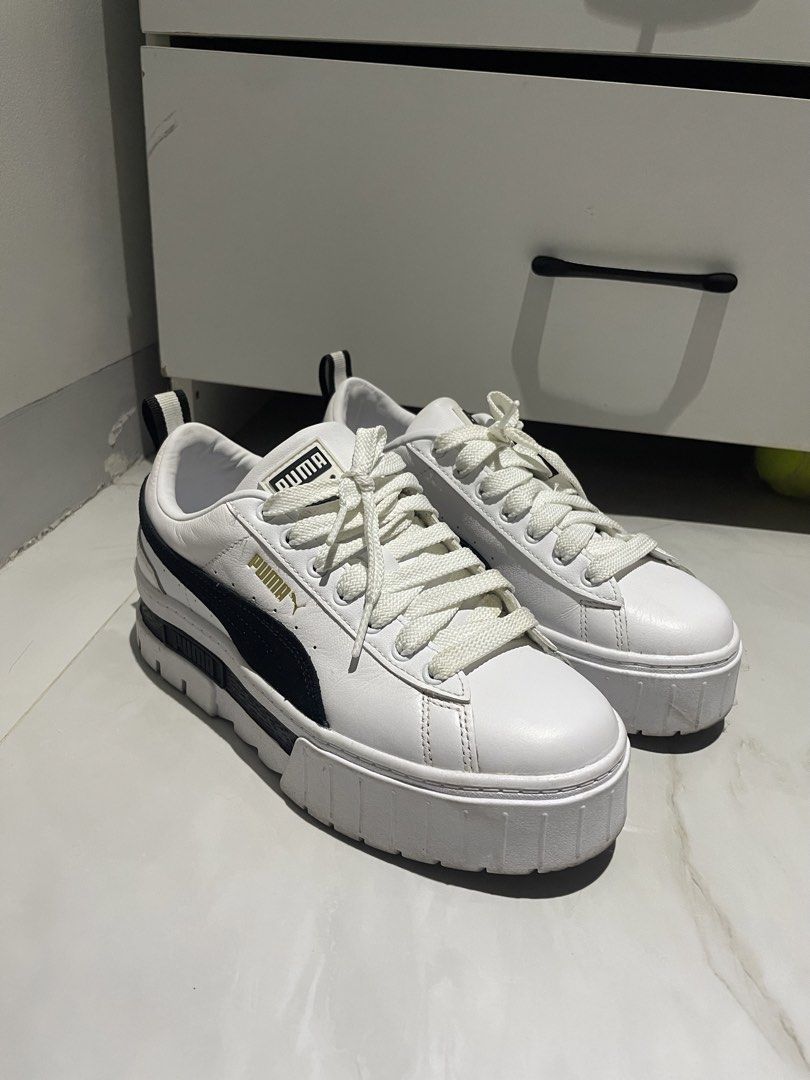 Puma Mayze White Sneakers (Category: Sneakers) located in Taguig. Submitted by zone26ph (Listing ID 1423542669, Image 3). Description: White Puma Mayze sneakers with black accents. Features a thick platform sole and lace-up closure. The Puma logo is visible on the side and tongue of the shoe. Moderately used No more box Price is slight negotiable, pls 📩 PM me for faster transact 🚚 shipping available or pick up.