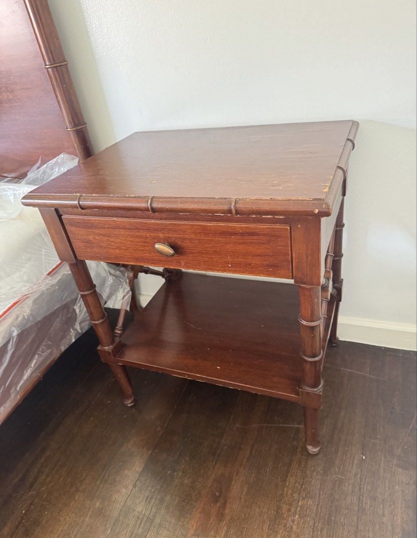 Solid wood night stand set bed side tables pair (Category: Tables & Sets) located in Muntinlupa City. Submitted by boo_thingthings (Listing ID 1423506838, Image 3). Description: • Matching pair of classic wooden nightstands • Rich dark wood finish • 1 drawer + lower shelf for storage • Sturdy and well-built • Clean, timeless design • Great for bedrooms, guest rooms, condos, or Airbnb setups • Good condition • Sold as a set Reason for selling: tur
