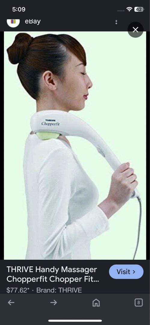 Thrive Chopperfit Handy Massager MD-8301W (Category: Massage Devices) located in Morong. Submitted by brendani (Listing ID 1423507359, Image 2). Description: Thrive Chopperfit Handy Massager MD-8301W is designed for comfortable vibration massage. It has two adjustable vibration levels and can target shoulders, back, waist, calves, and feet. It is ideal for refreshing tired muscles and reducing stiffness. The massager vibrates at 4100-3400 times p
