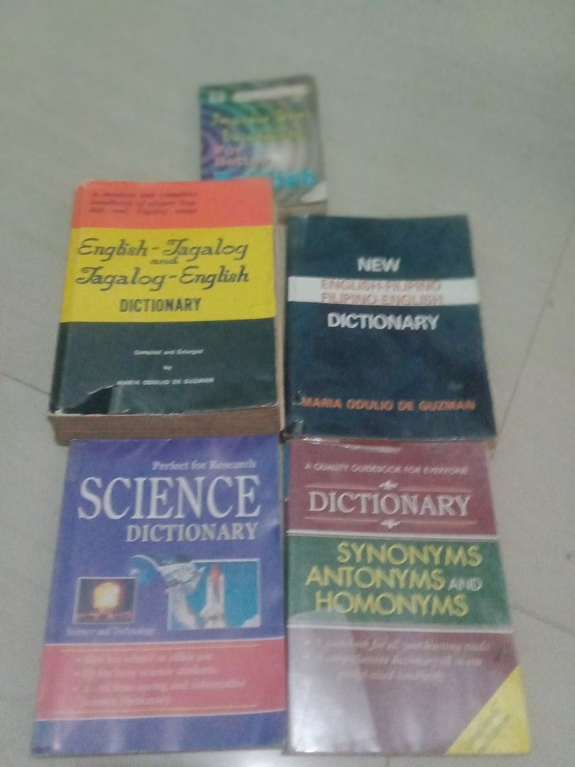 5 Educational Books (Category: Textbooks) located in Batangas. Submitted by abotkayafinds (Listing ID 1423676733, Image 1). Description: - English-Tagalog and Tagalog-English Dictionary - New English-Filipino Dictionary - Science Dictionary - Dictionary of Synonyms, Antonyms, and Homonyms - Vocabulary Improvement Guide - Perfect for students and language learners!.