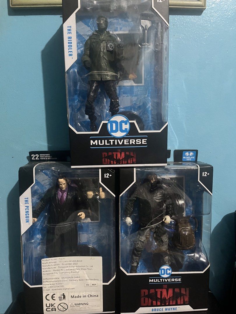 DC Multiverse The Batman Action Figures (Category: Figurines & Statues) located in Manila. Submitted by tabalmico85463 (Listing ID 1423635064, Image 1). Description: 1000 each - DC Multiverse action figure set. - Includes The Riddler, The Penguin, and Bruce Wayne figures. - Each figure is in its original packaging. - Perfect for collectors and fans of The Batman..