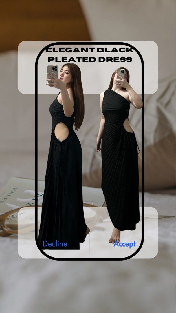 Elegant Black Pleated Dress (Category: Dresses) located in Manila. Submitted by declutterwithC (Listing ID 1423763352, Image 1). Description: - Black one-shoulder dress - Pleated skirt - Unique side cutout detail - Floor-length - Flowing fabric - Versatile for various events.