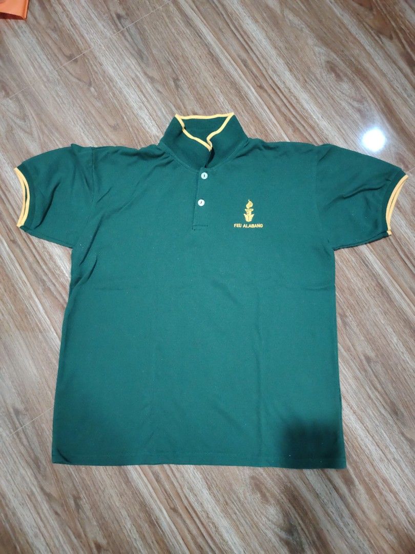 FEU Alabang Polo Shirt (Category: Tshirts & Polo Shirts ) located in Imus. Submitted by angelworks (Listing ID 1423727584, Image 2). Description: - Green polo shirt - Yellow accents on collar and sleeves - Features FEU Alabang logo - Collared neckline with 3-button 4 pcs large size - Comfortable fabric - very good condition -RFS transferred to diff school .
