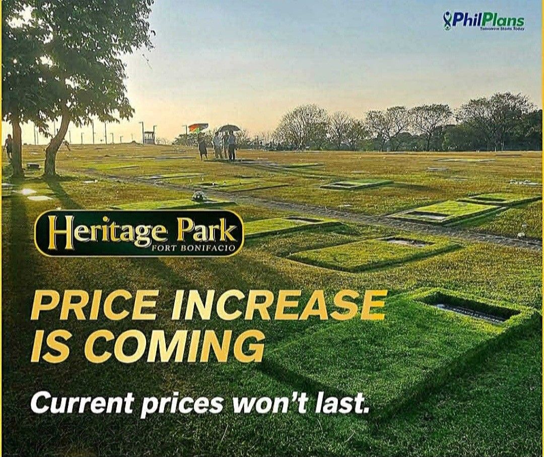 Heritage Park Memorial Lot (Category: Memorial Lot) located in Pasig City. Submitted by lavenkizes (Listing ID 1423623778, Image 3). Description: Memorial lot for sale at Heritage Park. Message us for inquiries. The image shows a memorial park with a quote "Here lies a Life remembered with Gratitude and Love.".