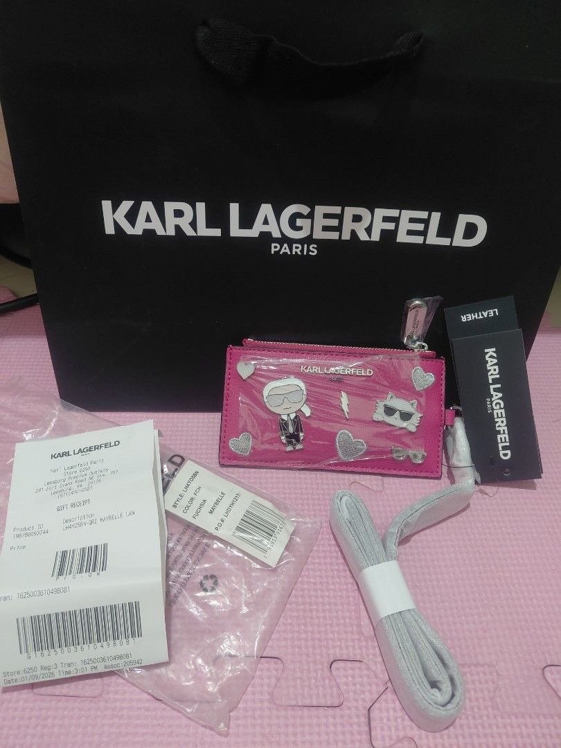 KARL LAGERFIELD CARD PURSE (Category: Luxury Bags & Wallets) located in Manila. Submitted by bashamylove0116 (Listing ID 1423771851, Image 3). Description: - Authentic Karl Lagerfeld Card Purse - Vibrant pink color - Includes original tags - Comes with a shoulder strap - Features a fun Karl Lagerfeld design - Perfect for cards and essentials.