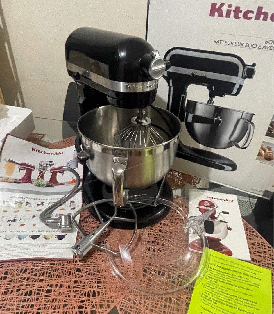 KitchenAid Stand Mixer (Category: Hand & Stand Mixers) located in Las Pinas. Submitted by city_threads (Listing ID 1423771303, Image 1). Description: KitchenAid Mixer 6qt Onyx Black Brand New Purchased last 2020 (US bought) Open box for checking and for photo purposes only. Plug still sealed and unused / Voltage 110V **** Includes: Bowl-lift stand mixer 6 -quart dual-finish bowl Flat beater Powerknead spiral dough hook Professional style wire whi