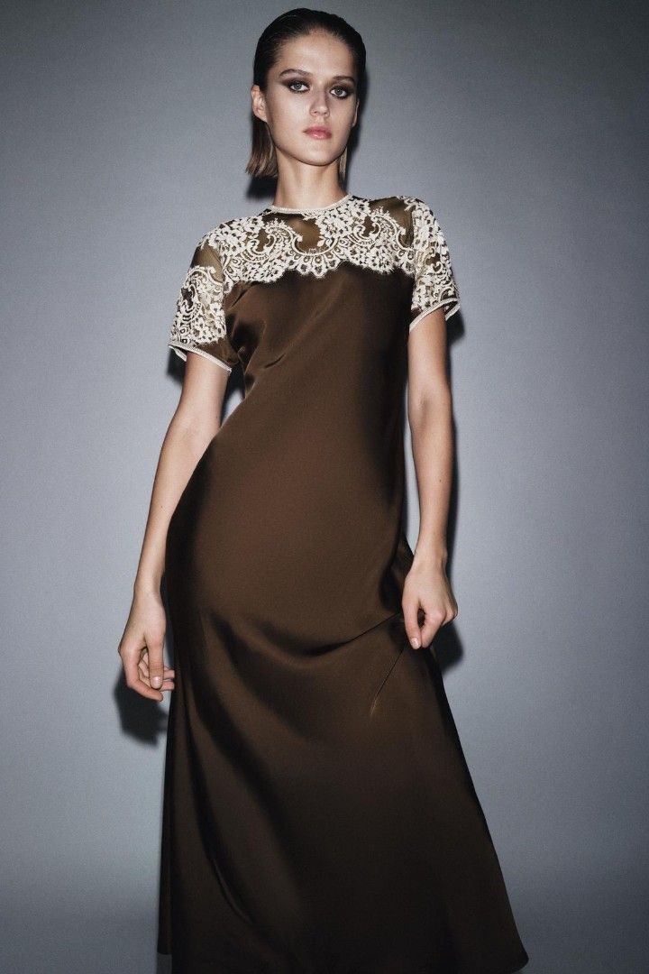 zara brown lace dress SATIN EFFECT ZW COLLECTION - Mink ASYMMETRIC LACE DRESS in Black / Brown Zara - Short Lace Dress