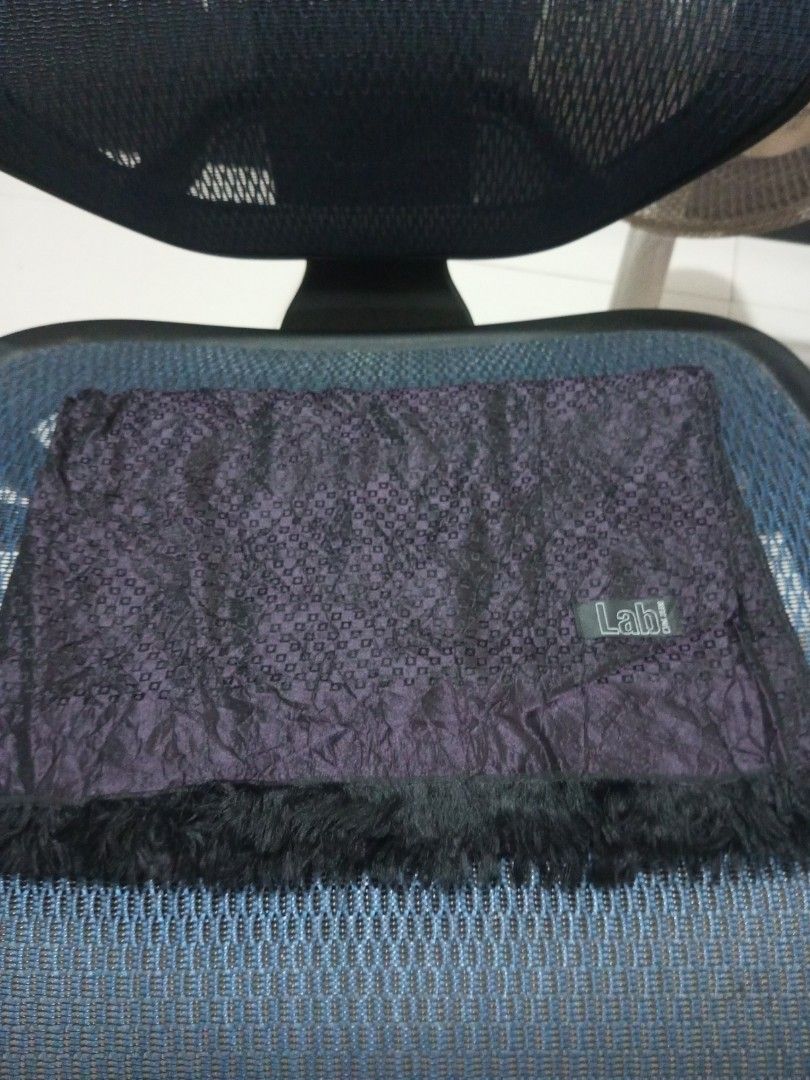 Lab! Purple Scarf with Fringe (Category: Scarves) located in Davao. Submitted by zoiesells_63 (Listing ID 1423685508, Image 1). Description: - Brand: Lab! - Color: Dark purple - Features: Textured pattern, black fringe - Material: Soft - Condition: Folded (as seen in image).