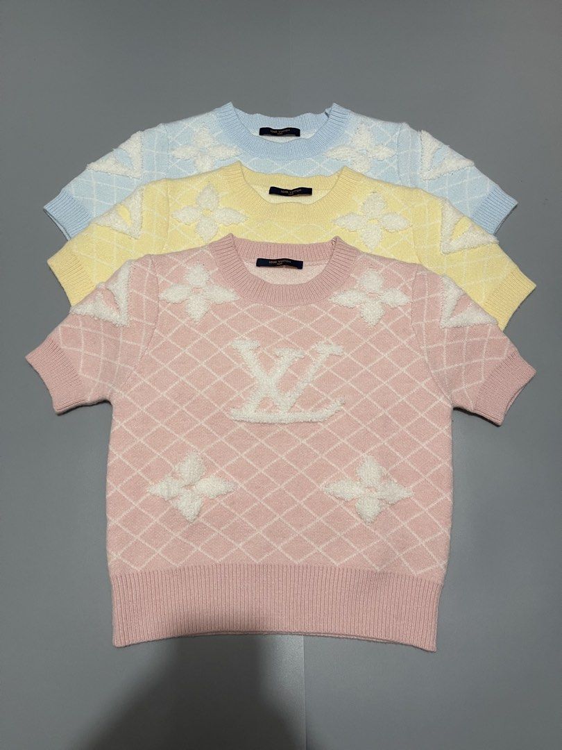 Louis Vuitton Short Sleeve Sweater (Category: Luxury Apparel) located in Calapan. Submitted by zyrielonti54697 (Listing ID 1423666326, Image 2). Description: Aspack 3pcs for 5500freeship - Louis Vuitton short sleeve knitted - Size: L - Colors: Pastel yellow, blue, pink - Design: LV logo and diamond pattern - Material: Soft - Condition: New with tags - Perfect for a casual and stylish look.