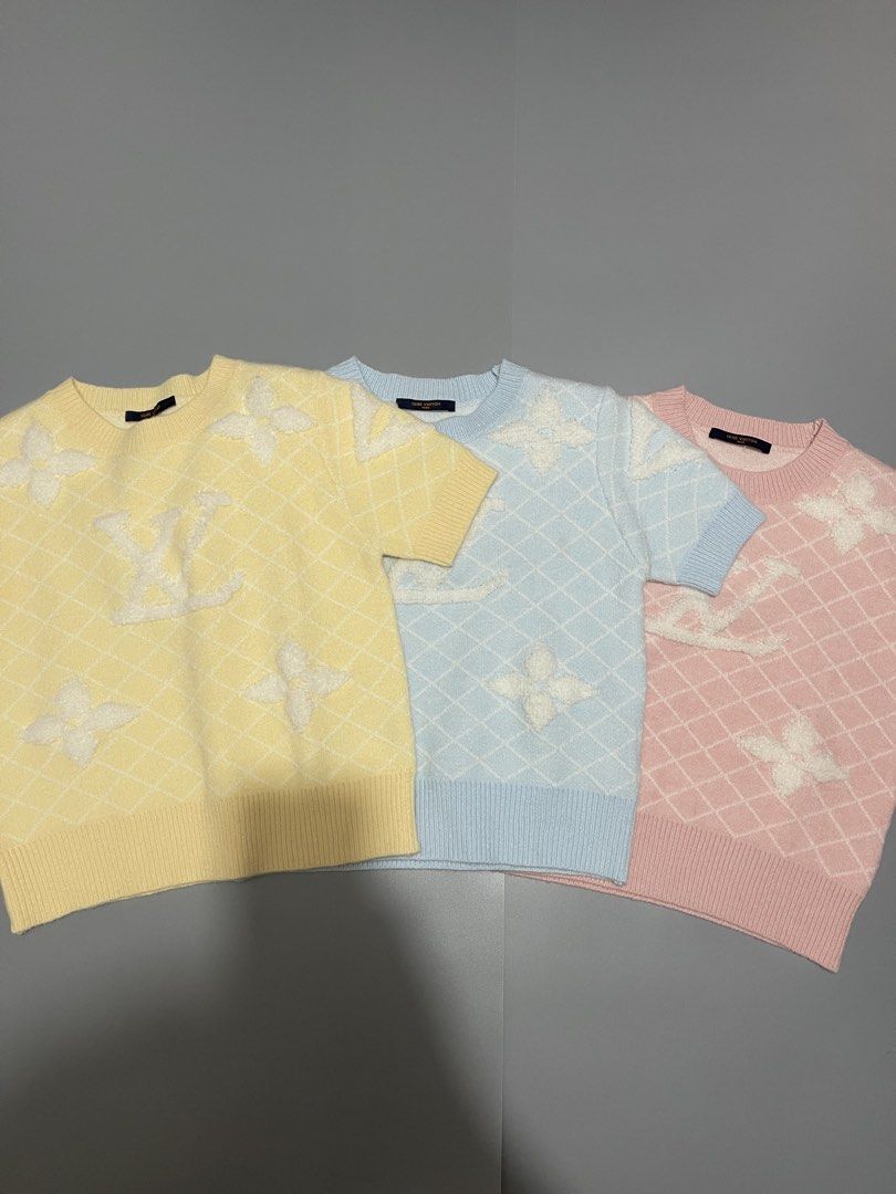 Louis Vuitton Short Sleeve Sweater (Category: Luxury Apparel) located in Calapan. Submitted by zyrielonti54697 (Listing ID 1423666326, Image 1). Description: Aspack 3pcs for 5500freeship - Louis Vuitton short sleeve knitted - Size: L - Colors: Pastel yellow, blue, pink - Design: LV logo and diamond pattern - Material: Soft - Condition: New with tags - Perfect for a casual and stylish look.