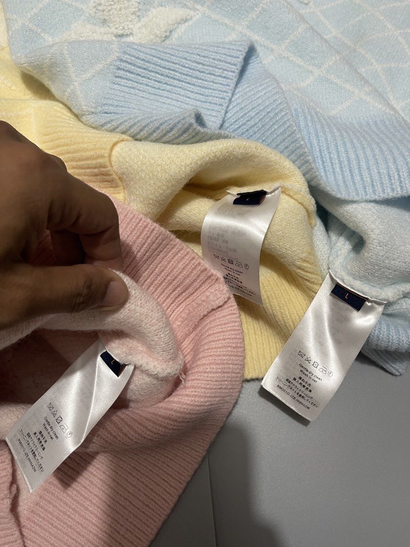 Louis Vuitton Short Sleeve Sweater (Category: Luxury Apparel) located in Calapan. Submitted by zyrielonti54697 (Listing ID 1423666326, Image 3). Description: Aspack 3pcs for 5500freeship - Louis Vuitton short sleeve knitted - Size: L - Colors: Pastel yellow, blue, pink - Design: LV logo and diamond pattern - Material: Soft - Condition: New with tags - Perfect for a casual and stylish look.