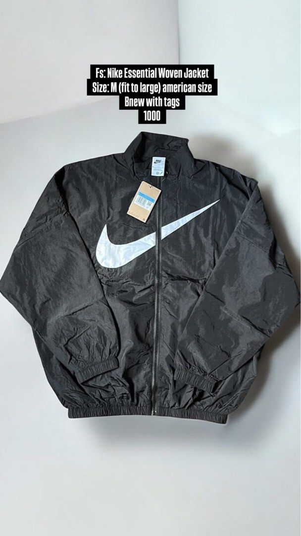 Nike Essential Woven Jacket - Black (Category: Coats, Jackets and Outerwear) located in Manila. Submitted by d_plug (Listing ID 1423651091, Image 1). Description: - Nike Essential Woven Jacket - Color: Black - Size: M (fits like L) - Features: - Large Nike swoosh - Zipper closure - Drawstring hem - Mesh lining DIMES (INCHES) Bust (33.5-35) Waist (28-29.5) Hip (36.5-38) .
