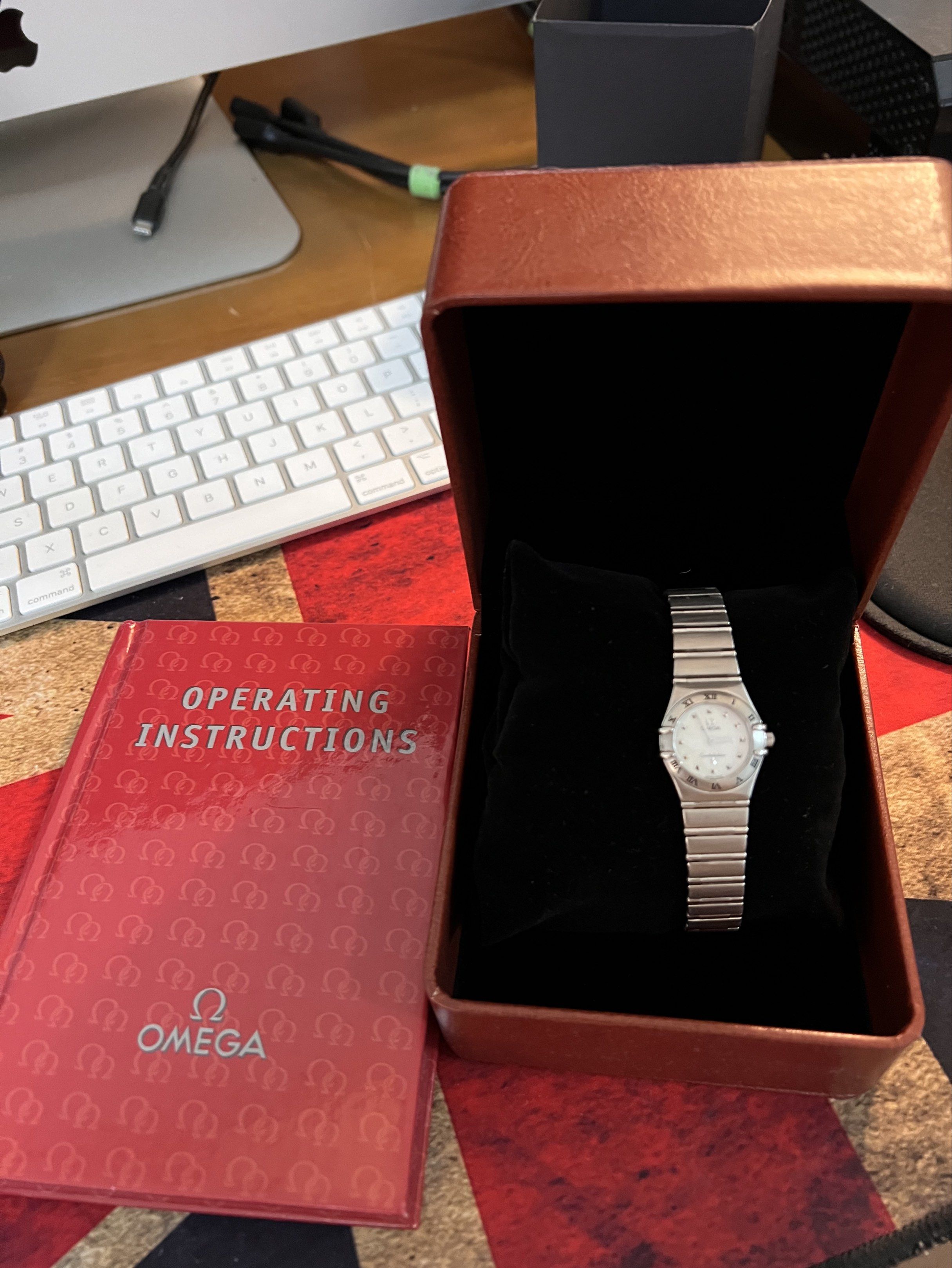 Authentic preloved Omega Constellation Ladies Watch (Category: Luxury Watches) located in San Pablo. Submitted by iamtrina (Listing ID 1423689198, Image 3). Description: Model 1561.71.00 23mm case size swiss Quartz white mother of pearl dial fixed engraved with Roman Numerals bezel max wrist size 15cm 9/10 condition Lightly polished Domed saphire crystal Deployment clasp Clasp with 18k solid gold Ω logo already valued at 10k Includes generic watc