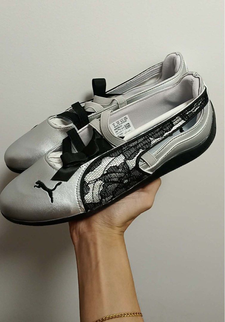 Puma Speedcat Ballet Flats Silver Black JD exclusive (Category: Flats & Sandals) located in Binan City. Submitted by _elleinad (Listing ID 1423728199, Image 1). Description: Puma Speedcat Ballet Lace Silver Black JD exclusive Elegant Puma ballet flats in silver with black lace detailing. Features a black Puma logo on the toe and a black ribbon accent. Includes an OrthoLite insole for added comfort. Brandnew pasabuy from Malacca Malaysia Size US 8