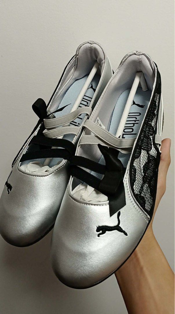 Puma Speedcat Ballet Flats Silver Black JD exclusive (Category: Flats & Sandals) located in Binan City. Submitted by _elleinad (Listing ID 1423728199, Image 2). Description: Puma Speedcat Ballet Lace Silver Black JD exclusive Elegant Puma ballet flats in silver with black lace detailing. Features a black Puma logo on the toe and a black ribbon accent. Includes an OrthoLite insole for added comfort. Brandnew pasabuy from Malacca Malaysia Size US 8