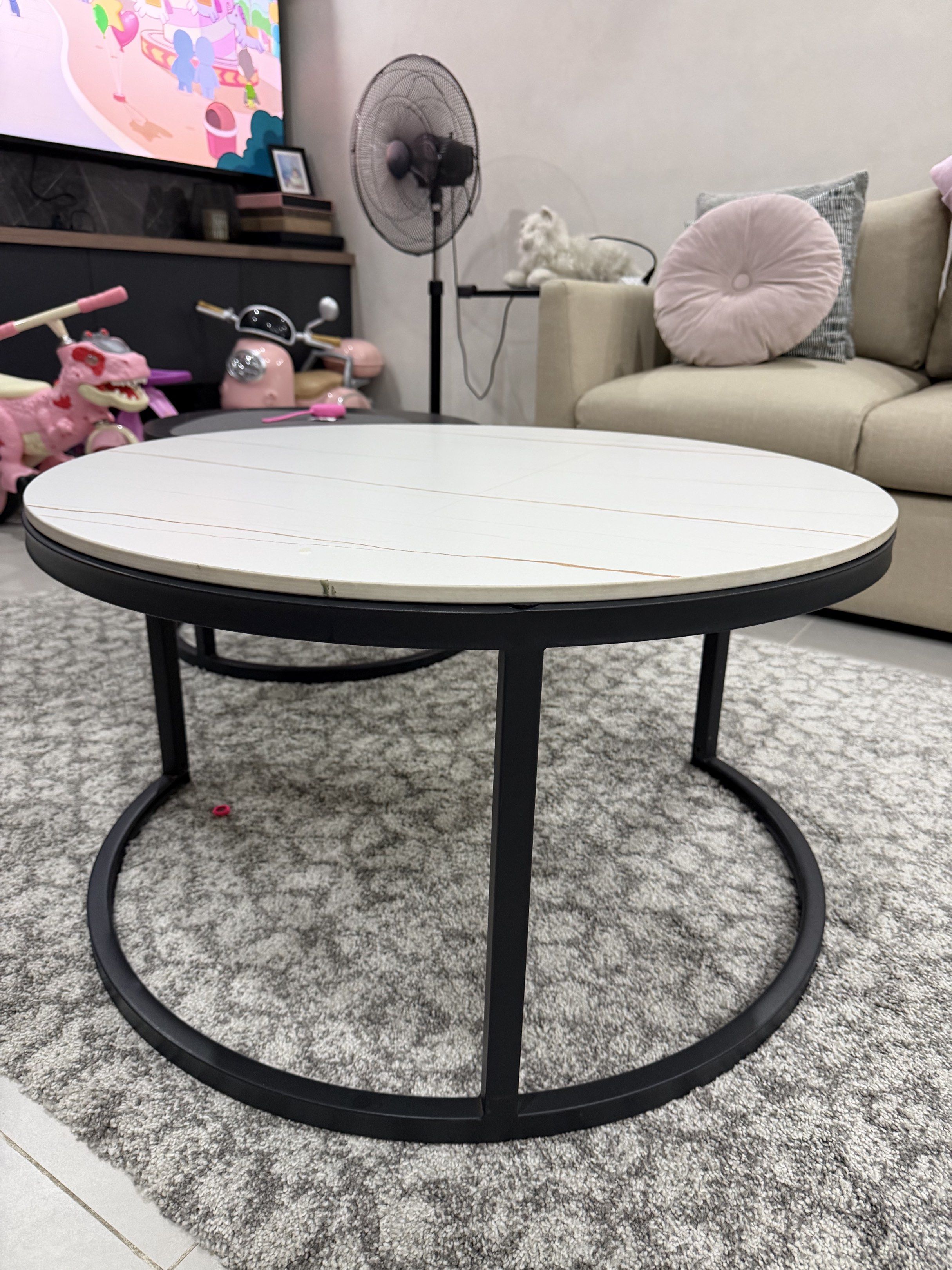 Round Coffee Table with Marble Top (Category: Tables & Sets) located in Quezon City. Submitted by cluttergoods (Listing ID 1423621193, Image 1). Description: Overlapping center tables. RFS : not matching current aesthetic .
